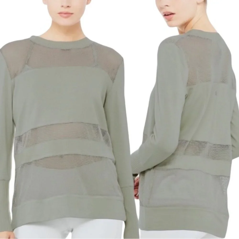 Alo Yoga Plank Long Sleeve Tee Medium Green Net Blocked - Picture 1 of 8